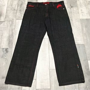 Coogi Embroidered Red Phoenix Dragon Contrast Stitching Rigid Denim Jean 44x 34